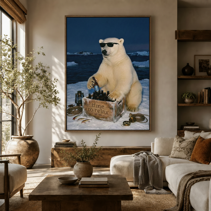 Funny polar bear canvas print displayed large in warm neutral living room above wooden credenza