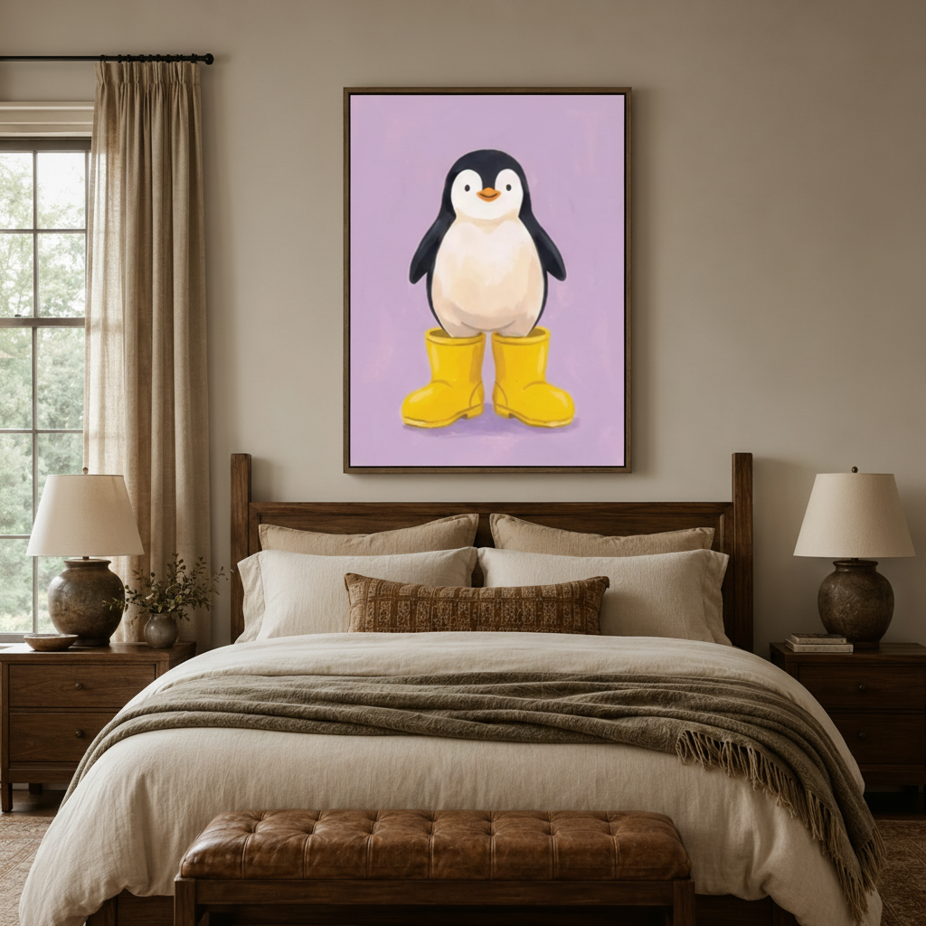 Cute 3D penguin yellow rain boots lavender canvas in dark walnut float frame above cozy neutral bedroom