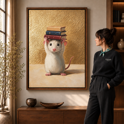 Bookish mouse canvas wall art displayed in a warm modern living room with walnut furnishings