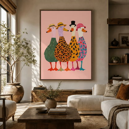 Bold folk art canvas print of four fashionable ducks in leopard print displayed above walnut sideboard in modern living room