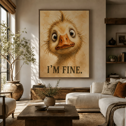 Funny duck watercolor canvas wall art hanging in a warm neutral living room above a walnut console
