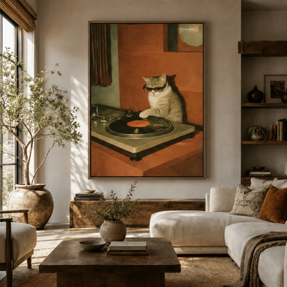 Retro DJ cat with sunglasses vinyl turntable canvas print in warm organic modern living room