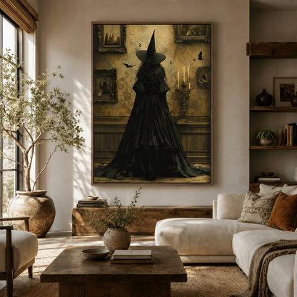 Gothic witch canvas wall art displayed in a warm modern living room above a wooden sideboard