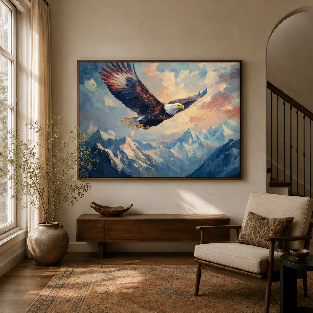 Bald eagle impressionist canvas in dark walnut float frame above entryway console