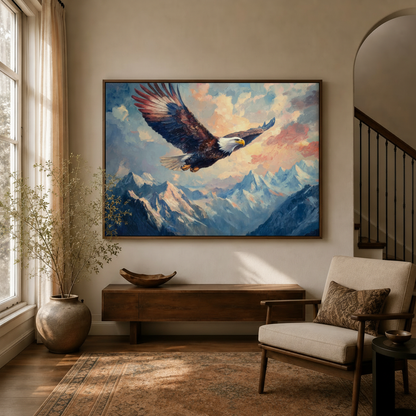 Bald eagle impressionist canvas in dark walnut float frame above entryway console