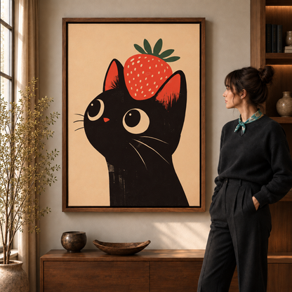 Framed strawberry black cat canvas displayed above a walnut console beside a woman.