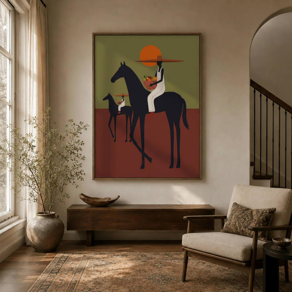 Afrocentric horse canvas print displayed in a warm minimalist living room with earthy tones