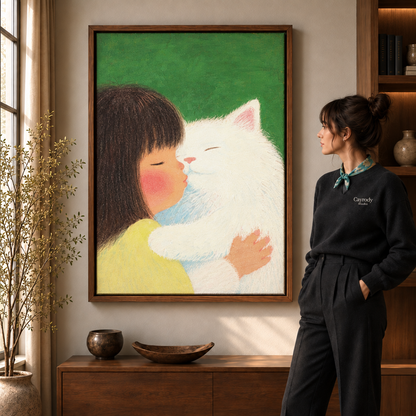 Woman with a silk scarf viewing a dark walnut framed artwork of a girl kissing a fluffy white cat.