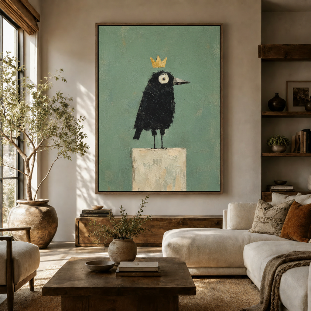 Whimsical crowned black bird impasto canvas wall art displayed above sofa in neutral living room