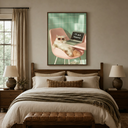 Funny white cat with sunglasses laptop procrastinator canvas in walnut float frame above bedroom bed