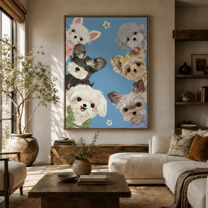 Kawaii puppy canvas print displayed in a warm neutral living room above a wooden console