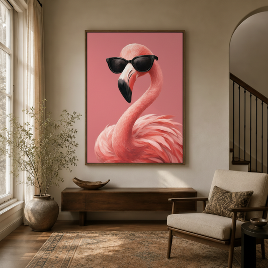 Pink flamingo in cat-eye sunglasses canvas art in walnut float frame hanging in warm neutral entryway with arched doorway