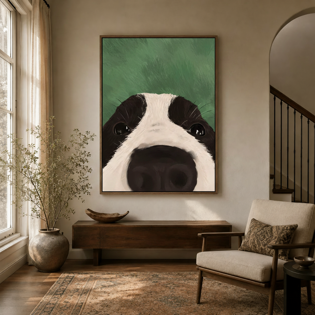 Expressive Border Collie canvas wall art in a moody dark walnut floater frame displayed in a warm entryway