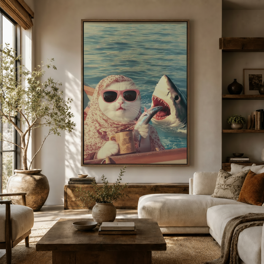 White cat in pink sunglasses and shark retro collage wall art in framed living room above wooden sideboard