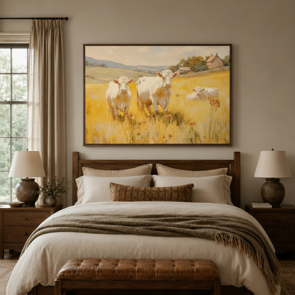 Classic realist white cows golden meadow farmhouse pastoral canvas wall art in walnut float frame above bedroom headboard