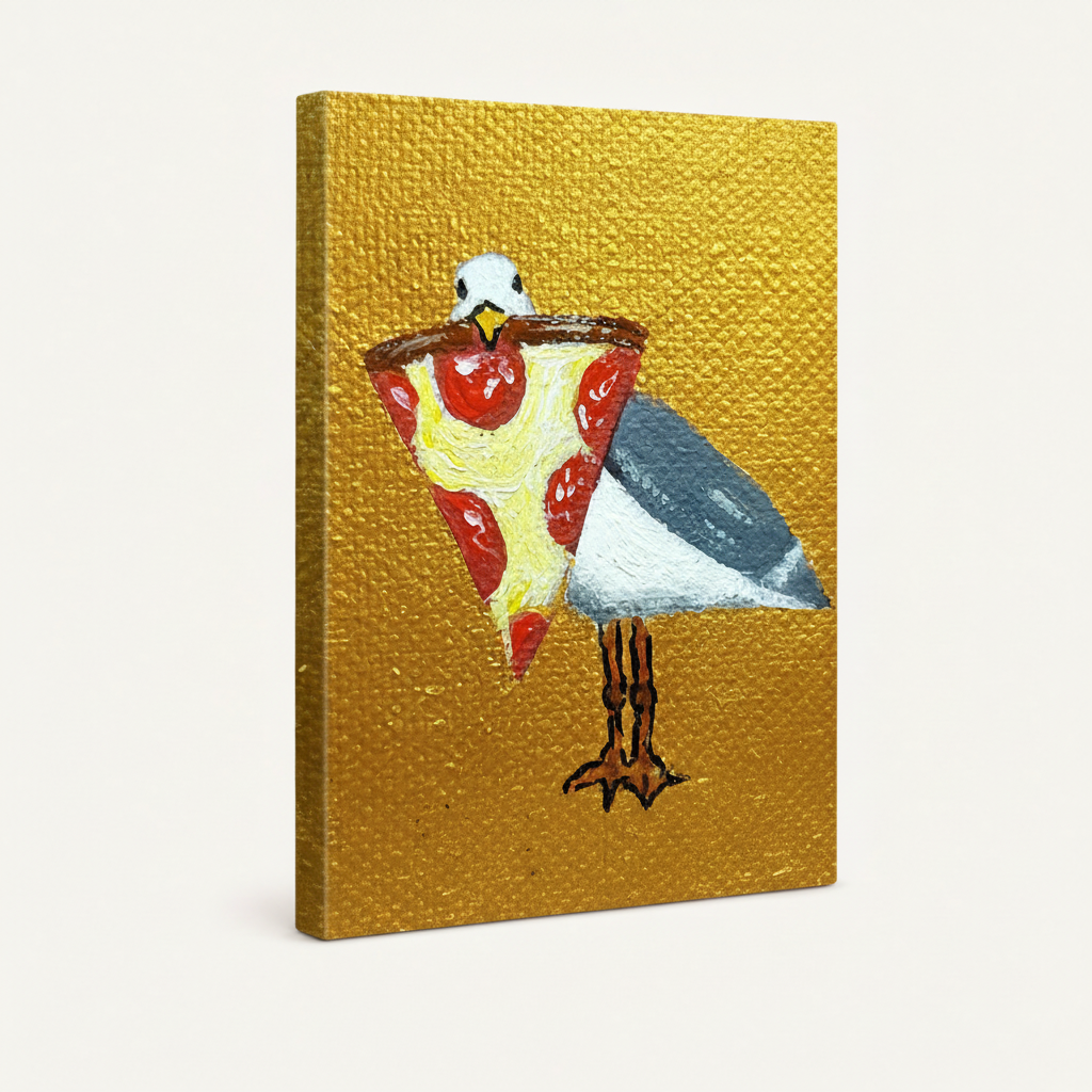 Gallery wrapped canvas print of cartoon seagull holding pizza slice, side view
