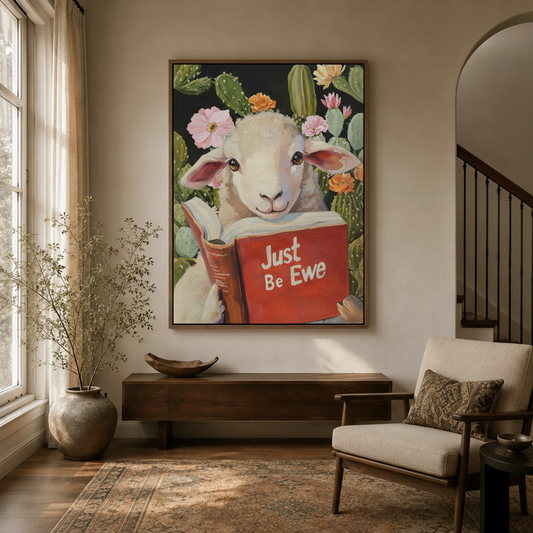 Cute lamb canvas wall art displayed in warm neutral entryway with wooden console table