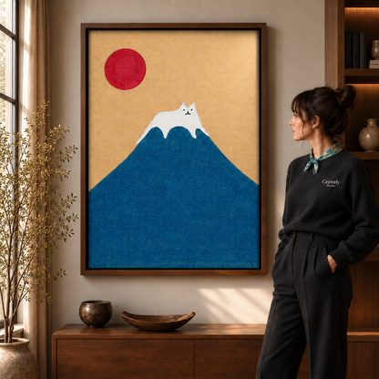 Woman in a black sweater and scarf viewing a framed white cat mountain artwork with a red sun in a warm living room.