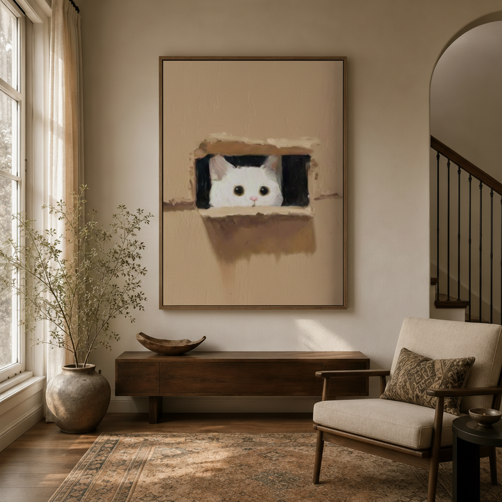 Curious cat peeking through cardboard box oil painting in walnut float frame, entryway wall decor