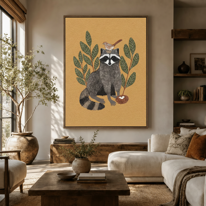 Folk art raccoon canvas print in walnut float frame displayed above sideboard in warm modern living room