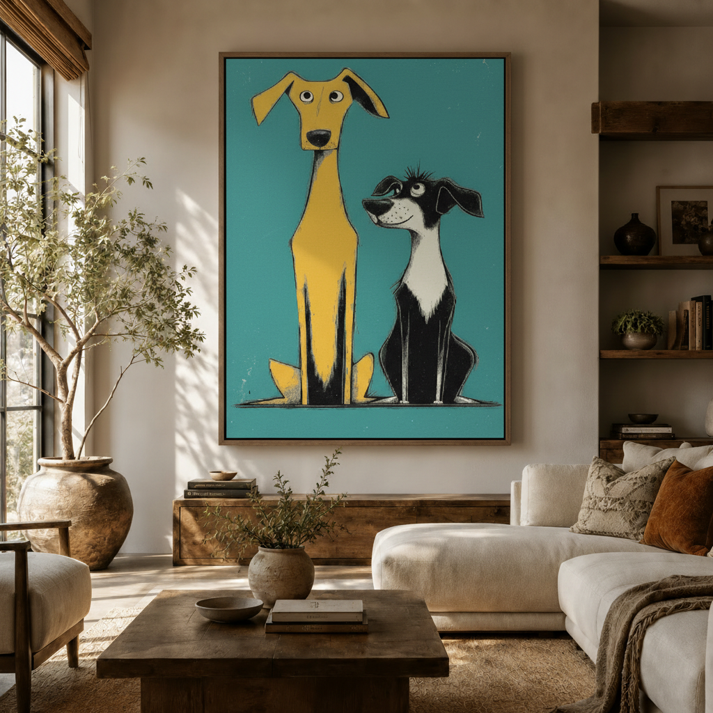 Retro mid-century two dogs canvas wall art displayed above credenza in warm living room