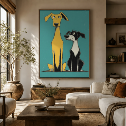 Retro mid-century two dogs canvas wall art displayed above credenza in warm living room