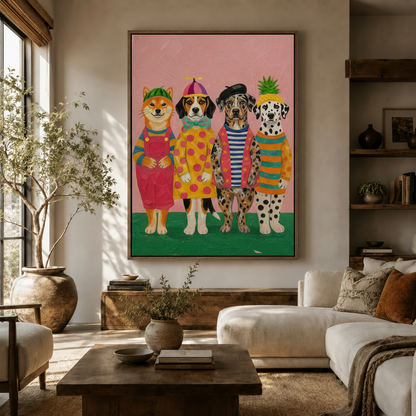 Pop art funny dogs canvas print displayed in a warm neutral living room above a white sofa