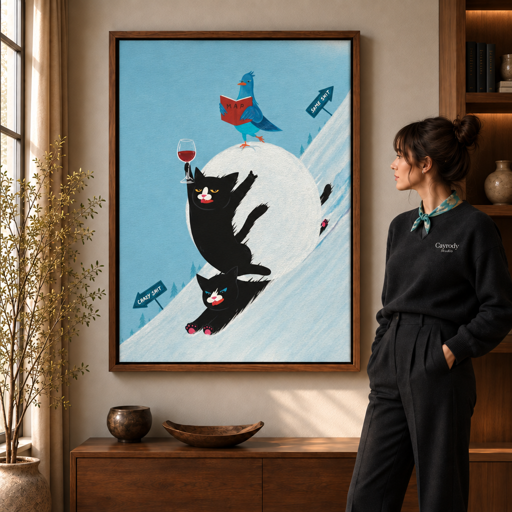 Woman in a black sweater viewing a framed grumpy calico cat in a blue dress artwork in a warm living room.