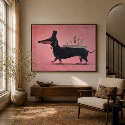 Framed canvas wall art of a dachshund waiter in a top hat carrying cocktails, displayed in an entryway