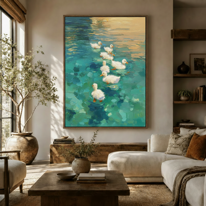 White ducks impressionist canvas print hanging in a warm modern living room with olive tree and cream sofa