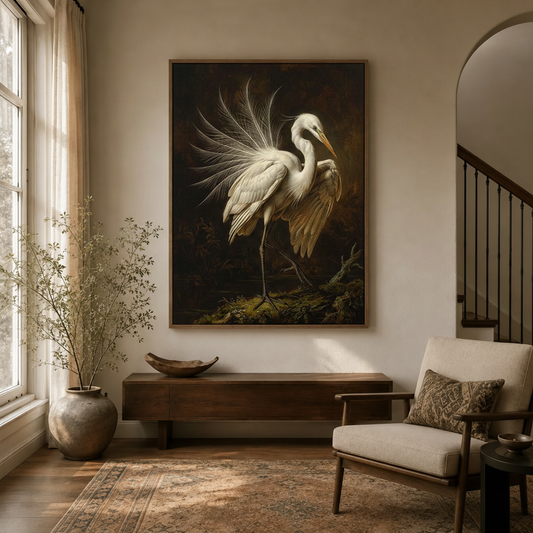 Classical great egret canvas wall art with flowing plumes displayed in a warm entryway above a walnut console