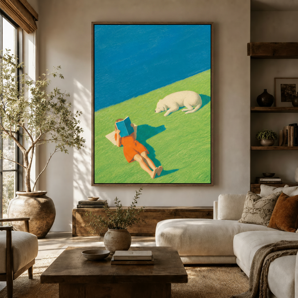 Vibrant figurative canvas print displayed in a warm modern living room above a wood sideboard

