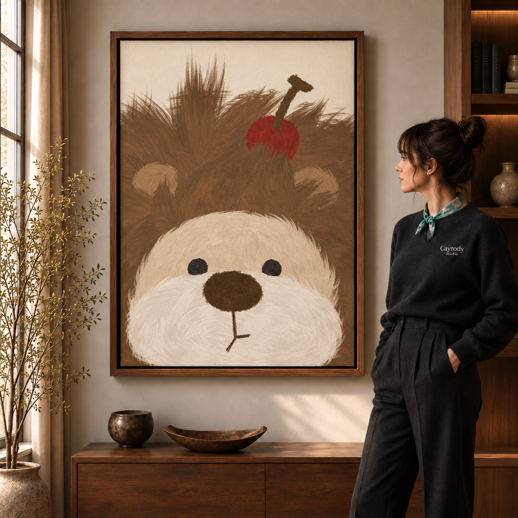 Woman in a black sweater viewing a framed fluffy brown dog with a red apple artwork in a warm living room.