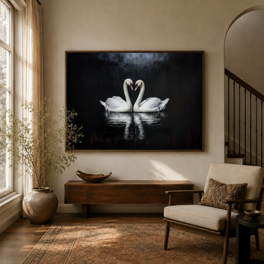 Romantic swan heart oil painting canvas in float frame displayed in warm living room entryway