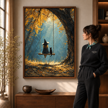 Witch and black cat swing canvas art framed in a walnut frame above a wooden console in a warm living room