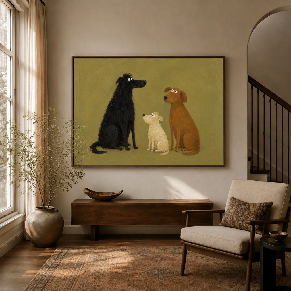 Whimsical dog trio folk art canvas in walnut float frame above console table in warm neutral entryway