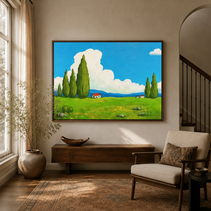 Tuscan landscape oil painting canvas displayed above a wooden console in a warm neutral entryway