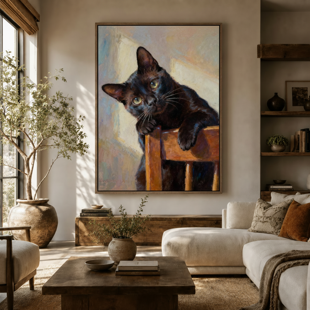 Black cat oil painting canvas art hanging in a bright neutral living room above a linen sofa with olive tree