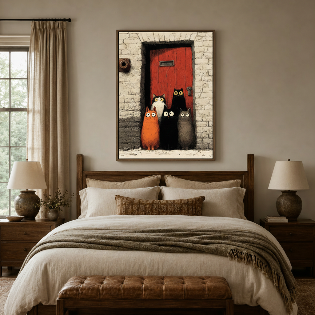  Five cartoon cats at red door comic canvas wall art displayed above bed in cozy bedroom interior