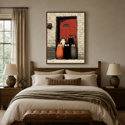  Five cartoon cats at red door comic canvas wall art displayed above bed in cozy bedroom interior