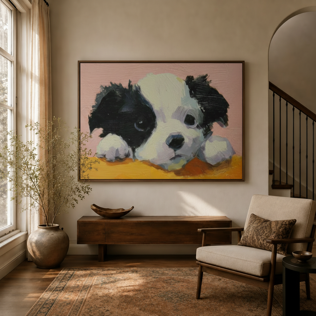 Cute black and white puppy portrait canvas wall art in walnut floater frame, warm entryway with neutral tones