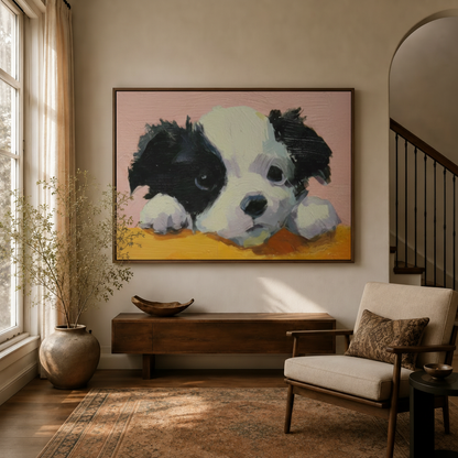 Cute black and white puppy portrait canvas wall art in walnut floater frame, warm entryway with neutral tones