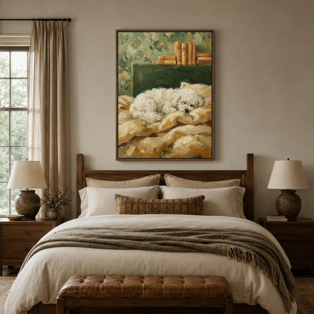 Sleeping puppy vintage library classical canvas wall art displayed above bed in cozy warm bedroom
