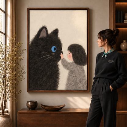 Woman in a black sweater viewing a framed fluffy black cat and little girl artwork in a warm living room