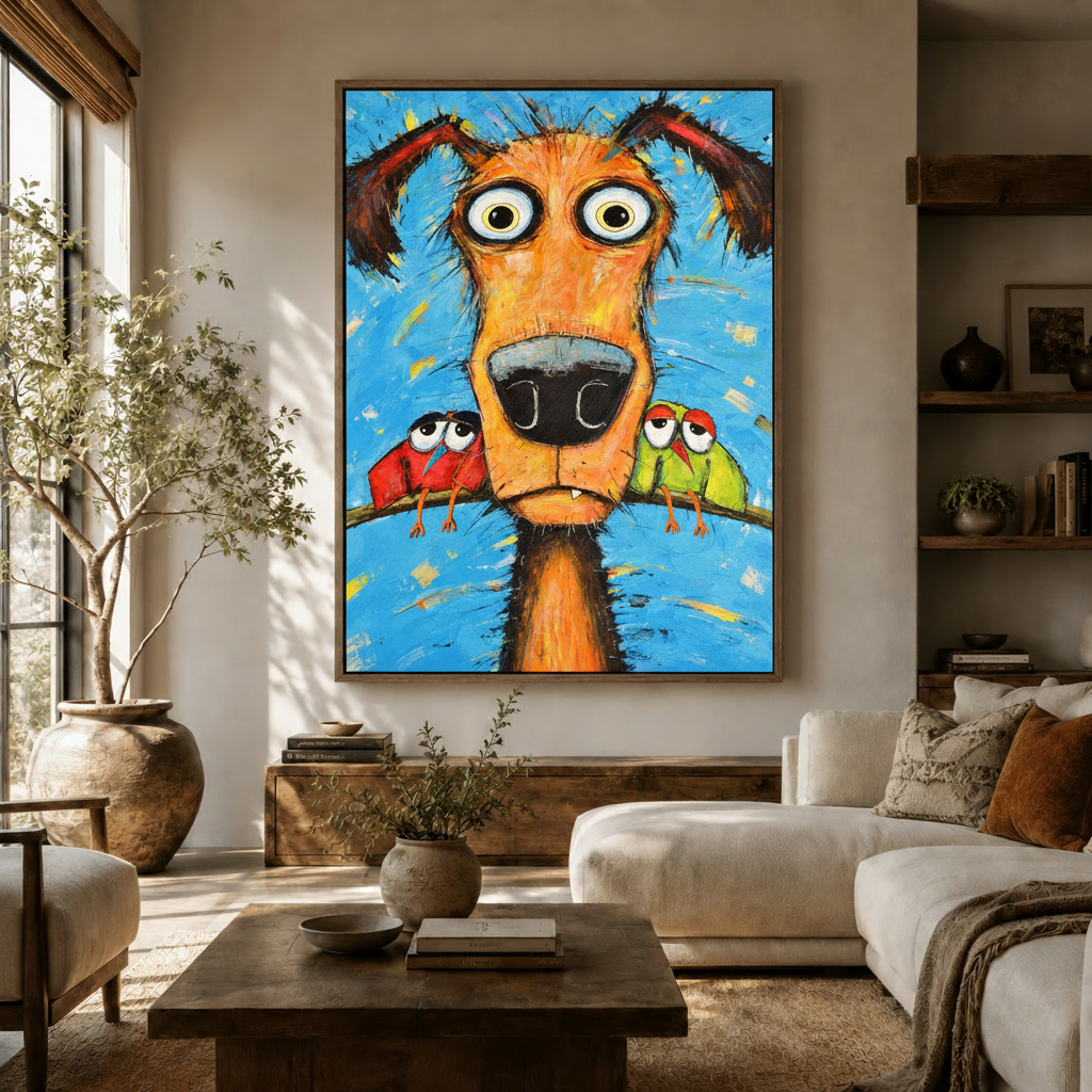 Funny dog and birds folk art canvas hanging in a warm beige living room above a walnut console
