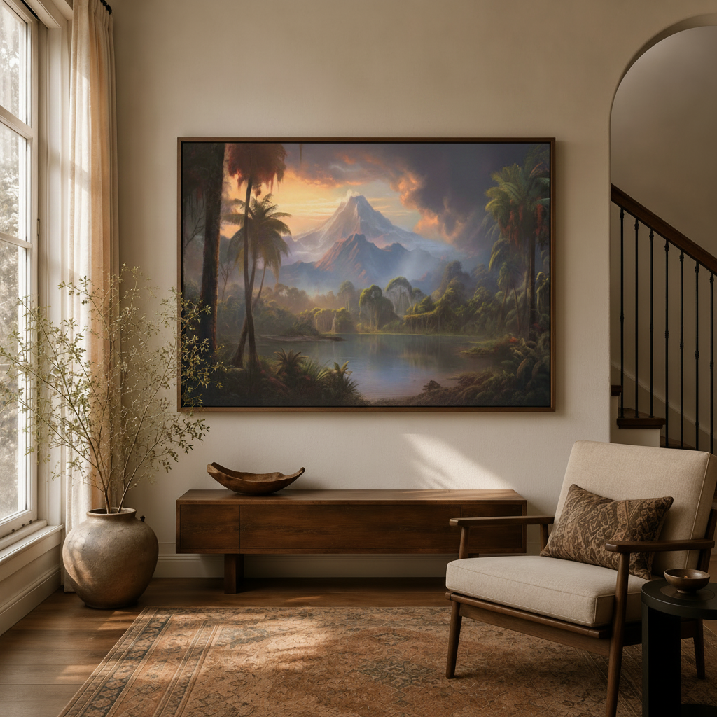 Tropical rainforest volcano sunset canvas wall art in dark walnut floater frame, entryway living room scene