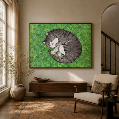Sleeping gray cat canvas wall art displayed in a warm living room with an armchair and staircase