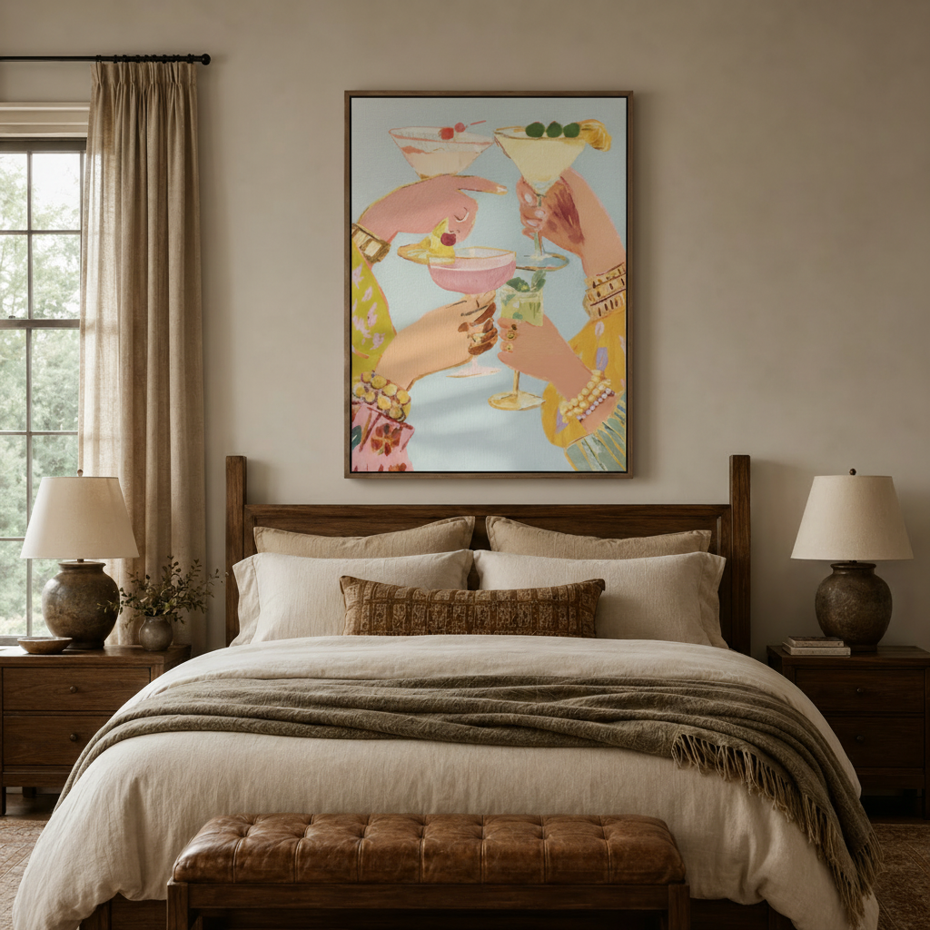 Retro glam cocktail wall art above wooden bed frame in cozy neutral bedroom with warm lighting