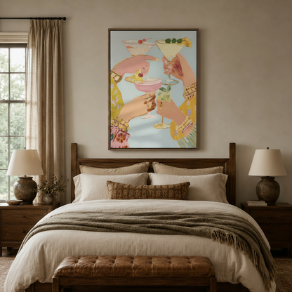 Retro glam cocktail wall art above wooden bed frame in cozy neutral bedroom with warm lighting