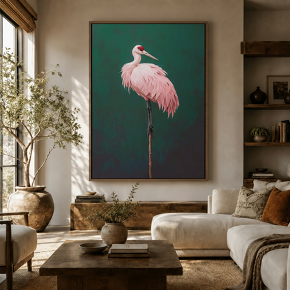 Roseate spoonbill pink bird fine art canvas displayed above a sideboard in a bright modern living room